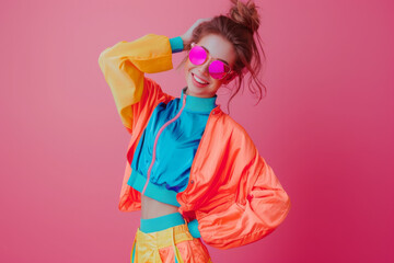 gen-z beautiful caucasian fashionable female, wearing neon stylish clothes, retro style in the style