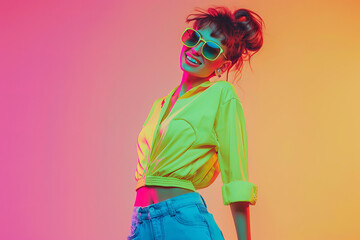 Wall Mural - Gen-z beautiful caucasian fashionable female, wearing neon stylish clothes, retro style in the style of vaporwave fashion