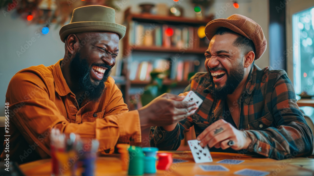Men friends having fun on poker night they organized at home playing card game , diverse ethnical people play a poker game concept image