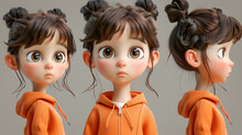 A Cute Girl In The Style Of Gongbi, Whimsical Figurines, Photorealistic, 8K 3D, Anthropomorphic Shapes, Different Moods, Multiple Poses And Expressions, Dark Beige And Orange