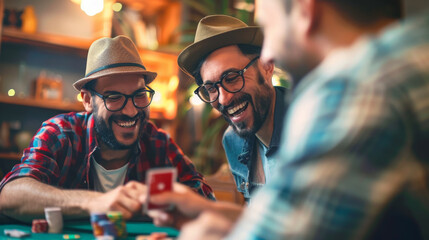 Men friends having fun on poker night they organized at home playing card game