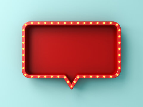 Blank red rounded rectangle speech bubble signboard with yellow retro neon light bulbs isolated on light blue pastel color or cyan wall background with shadow 3D rendering