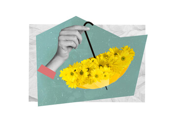 Poster - Artwork magazine collage picture of arm holding yellow flowers umbrella isolated drawing background