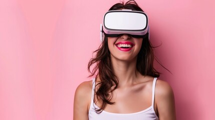 Young beautiful woman wearing a VR headset and experiencing virtual reality, futuristic technology concept