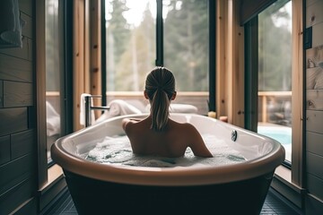 A woman is sitting in a bathtub with her hair up