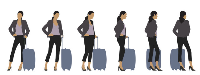 Wall Mural - Vector concept conceptual silhouette of a woman with luggage standing from different perspectives isolated on white background. A metaphor for travelling, vacation, business and lifestyle