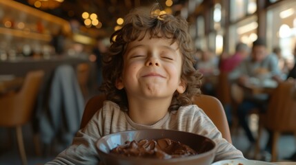 Wall Mural - Cute hungry boy dressed in casuals with eyes closed eating sweet chocolate spread with bread for breakfast while sitting in restaurant live style