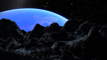 Wall Mural - silhouette of mountain terrain against a backdrop of a planet curved horizon and star-speckled space