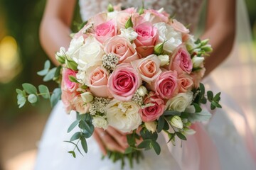 Wall Mural - The bride in a white wedding dress holds a wedding bouquet. The bouquet consists of white, pink, purple roses, eucalyptus leaves, and pink berries