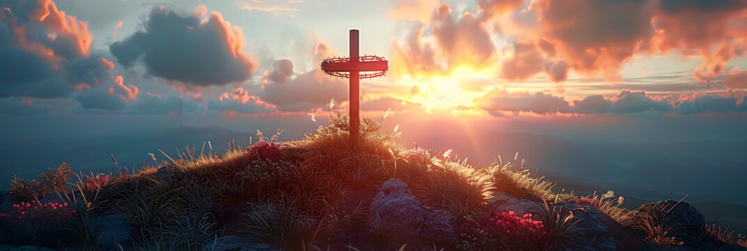 Calvary And Resurrection Concept - Cross With Robe And Crown Of Thorns On Hill At Sunset