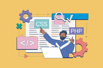 Poster - programming concept in flat neo brutalism design for web. man coding and creating software, engineer