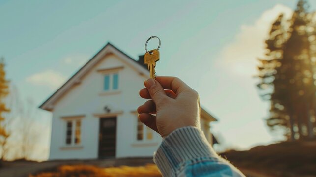 A hand holding a key stands poised against a dream home symbolizing the start of a new chapter in construction purchase or rent.