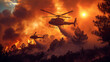 Helicopters descend upon fire zone, drenching scorched earth to suppress the relentless blaze