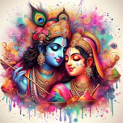 Wall Mural - Lord Radha Krishna Love for Holi in Paint Splatters Style