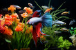 Aquarium mit farbenfrohen Fischen und einem Kampfisch im Vordergrund