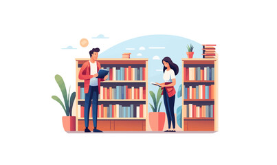 couple in bookstore vector flat minimalistic isolated illustration