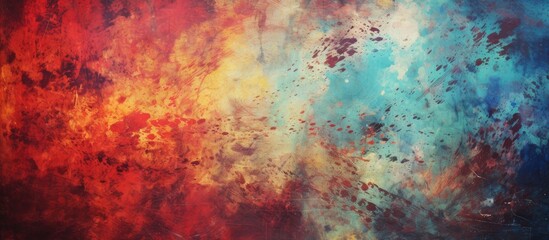 Poster - This abstract painting features vibrant red, blue, and yellow colors blended together on a grunge background. The colors create a dynamic and energetic composition, with each hue uniquely interacting