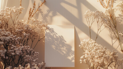 Wall Mural - blank white card with white flowers on a white background.