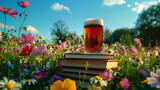 Fototapeta Sport - Aesthetic wide angle photograph of a pile of books and a beer pint glass at a field full of blooming colorful flowers. Product photography. Advertising. World book day.