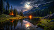 Night lake in a forest in the mountains on a grassy area with low greenery. The moon sets the lake on fire