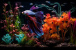Aquarium mit farbenfrohen Fischen und Kampfisch im Vordergrund