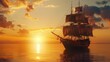 Medieval ship with white sails sailing at beautiful sunset. Mystery scary boat. Gorgeous rich sailboat. Vessel floating sea, ocean. Fairytale historical nautical travel. Seascape view.