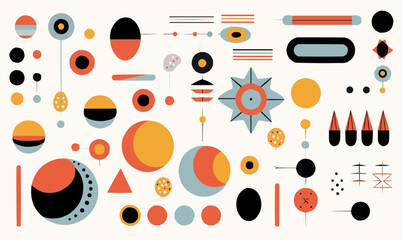 Poster - Set of abstract retro geometric shapes vector. Collection of contemporary figure, flower, star, sparkle in 70s groovy style. Bauhaus Memphis design element perfect for banner,