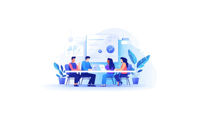 Poster - A group of people are sitting around a table with a white background