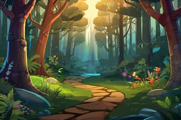 2D abstract enchanted forest background for battle arena mobile game. Enchanting landscape in flat cartoon style.