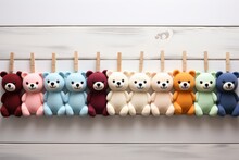 Plush Toys Colorful Cubs, Soft Bears Hanging On Clothespins, Wooden Background With Copy Space