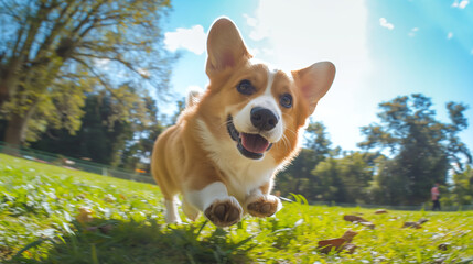 Poster - A Young Pembroke Welsh Corgi Dog running in a park