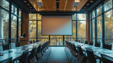 Fototapeta Londyn - A conference room in an office equipped with a projector screen canvas, providing a professional setting for business meetings, presentations, and collaborative discussions