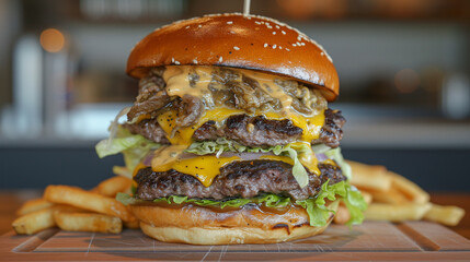 this image showcases a mouthwatering double smash burger with cheese, lettuce, and onion. the delici