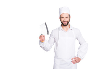 Canvas Print - Portrait of positive cheerful handsome butcher having cleaver in arm holding hand on waist, looking at camera, isolated on grey background