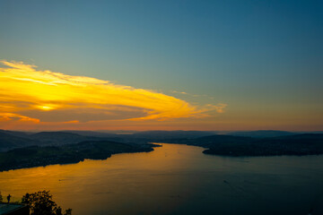  Aerial View over Lake Lucerne and Mountain in Sunset in Lucerne, Switzerland.