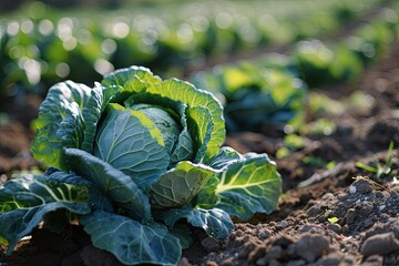 Fresh cabbage vegetables and harvesting garden field background