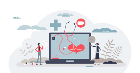 Wall Mural - Telehealth services as medical support using remote video tiny person concept, transparent background. Patient videocall communication with doctor for diagnostic or treatment advices illustration.