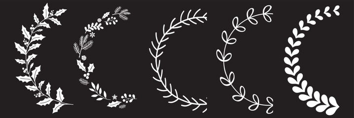 Poster - Olive Leaf Ornate, Floral Border, Vintage Tree Branch Color Icon Set. Natural Heraldic Decoration Collection. Laurel Wreath In Half Circle Shape. Isolated on black background. Vector Illustration