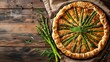 An appetizer on a wooden table featuring a top view of a handmade baked puff pastry asparagus tart with cheese and space for text, Generative AI.