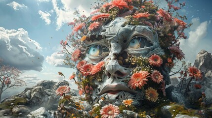 Wall Mural - A sculpture of a face with flowers and leaves on it, AI