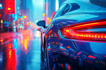 Wall Mural - luxury blue sports car on road at night in the city. Taillight close-up