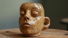 A Close Up Of A Ceramic Face On Top Of Wooden Table, AI