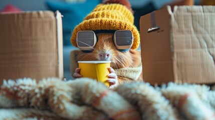 Canvas Print - A guinea pig wearing a hat and glasses drinking from a cup, AI