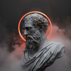 Marble white Roman statue with beard, cracked,red light circle at the back, fog, dark background