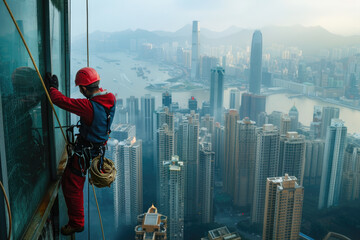 Man washing cleaning professional worker at high building on ropes protection