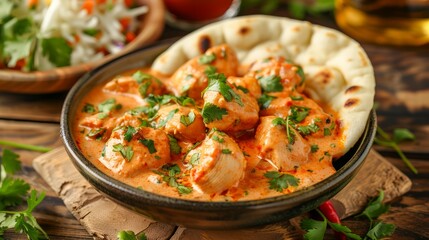 Wall Mural - Traditional Indian Tikka Masala Chicken Dish Served with Fresh Naan Bread and Side Salad on Rustic Wooden Background