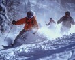 Skiers Carving Down Snowy Slope, Energetic Winter Sport Action