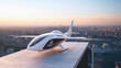 evtol futuristic passenger transport on the roof of a building overlooking the metropolis