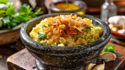 Wall Mural - Traditional Stone Bowl Dish with Mashed Potatoes, Fried Onions, and Fresh Herbs on Rustic Wooden Background