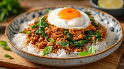 Wall Mural - Delicious Basil Pork with Sunny Side Up Egg over Steamed Rice on Rustic Wooden Table